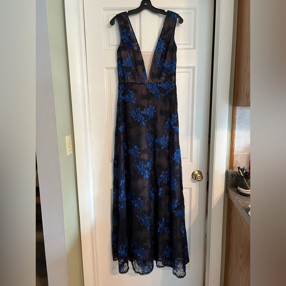 BCBG navy and blue, v back maxi dress